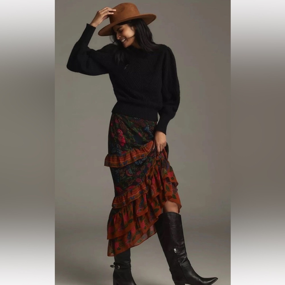 Anthropologie Farm Rio Garden Tiered Maxi Skirt Floral Lined Black Combo